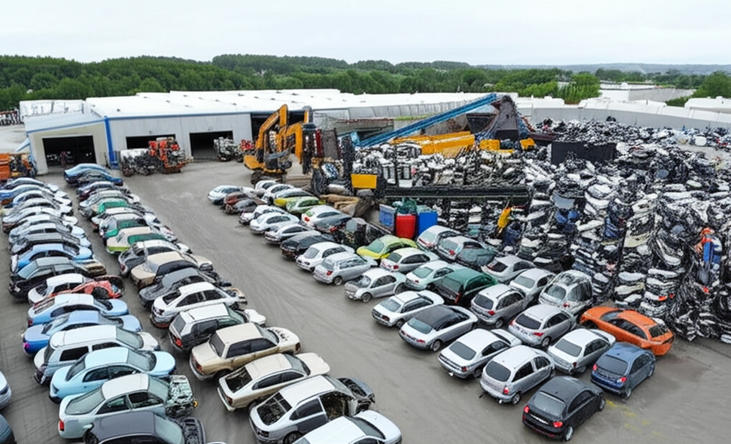 Auto recycling faciliteit met onderdelen die worden gesorteerd