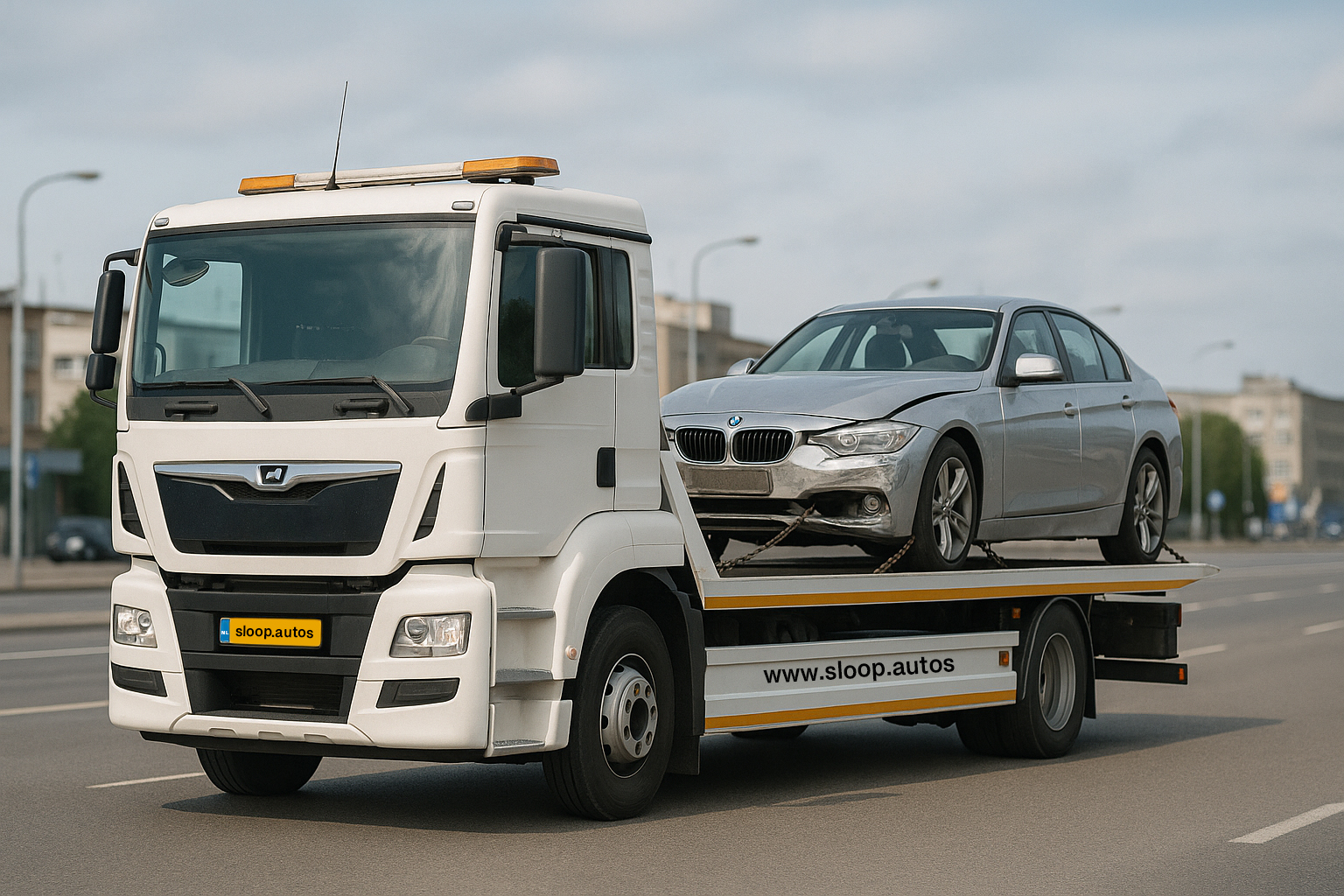 Inkoop.autos takelwagen met BMW op laadplatform